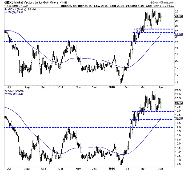 Market Vectors Gold Miners and Junior Gold Miners Daily Charts