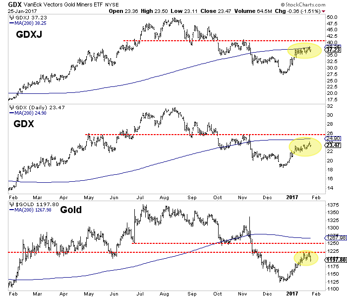 VanEck Vectors Gold Miners, Juior Gold Miners and Gold Daily Charts