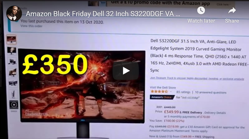 Amazon Black Friday Dell 32 Inch S3220DGF VA Curved Screen Gaming Monitor Bargain Deal!