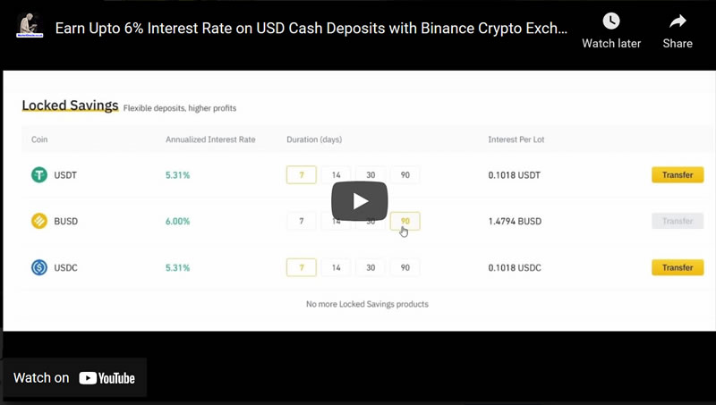 Earn Upto 6% Interest Rate on USD Cash Deposits with Binance Crypto Exchange USDC amd BUSD