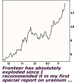 But then the price of uranium crashed and Brinex shelved its plans for Michelin. When uranium prices perked up again, Aurora's parent company, Fronteer Development (AMEX: FRG)